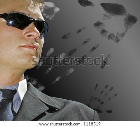 man in suit with handprint surrounding him