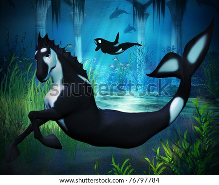 ored Fantasy Sea Horse Swimming At Bottom 