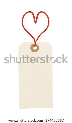 cardboard tag with red heart ribbon isolated on white background