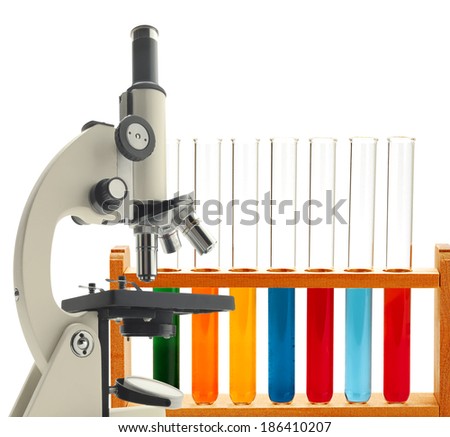 Laboratory metal microscope and test tubes with liquid isolated on white Laboratory metal microscope and test tubes with liquid isolated on white