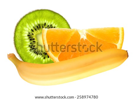 Banana and slices of kiwi and orange isolated on white background