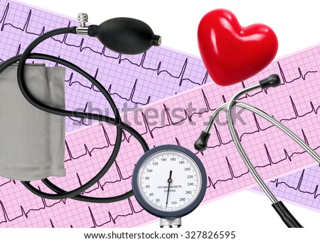 Heart analysis, electrocardiogram graph, stethoscope, heart and blood pressure meter