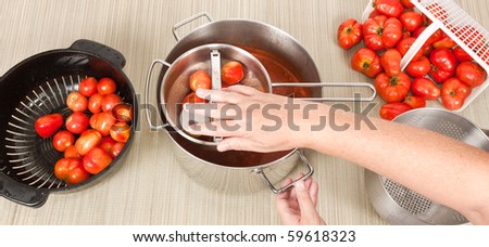 A top studio view of a hand mill grinding fresh field tomatoes into a sauce.