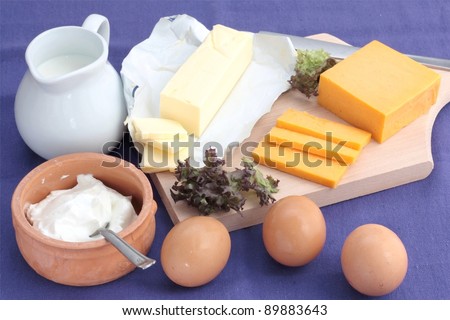 A display of dairy products including cream or yoghurt, eggs, milk, butter and cheese on a blue cloth background.