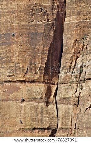 Group of Mountain climbers ascending the South face at the Big Bend in Zion National Park