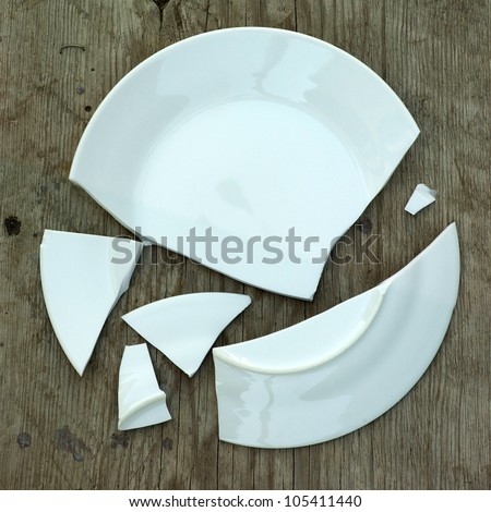 shards of a broken plate on a wooden surface
