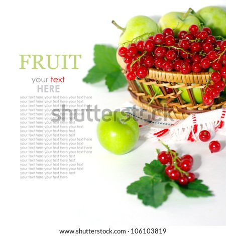 Fresh berries and fruits on a white background, red currants and apples