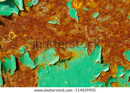 Macro rust .Grunge background painted metal surface is covered with rust and cracked paint