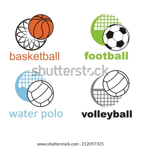 signs and symbols of sports ball games (basketball, football, soccer, volleyball, water polo)