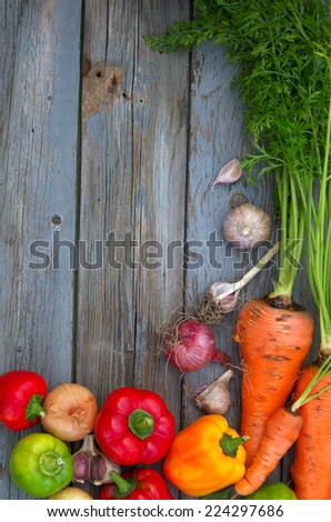 Food background. Fresh vegetables on an old wooden table. Cover for the book.