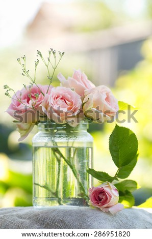 pink rose flowers on beautiful blur background. Pink roses bouquet  in a garden