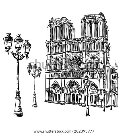 Notre Dame De Paris Cathedral And Lantern, France. Hand Drawing Sketch