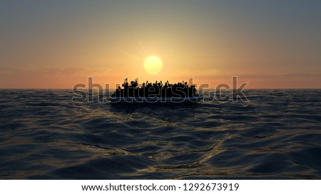 Refugees on a big rubber boat in the middle of the sea that require help. Sea with people in the water asking for help. Migrants crossing the sea. 3d rendering