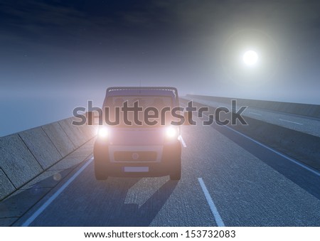 Van, truck and the road at night