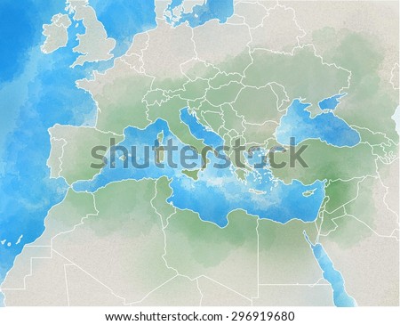 Drawn map showing Europe, Mediterranean, Africa, Middle East