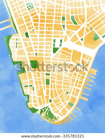 Manhattan map, New York City, drawn by hand, brush, roads and streets