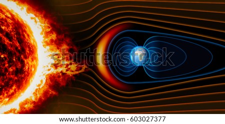 Earth\'s magnetic field, the Earth, the solar wind, the flow of particles. Sun. Element of this image is furnished by NASA