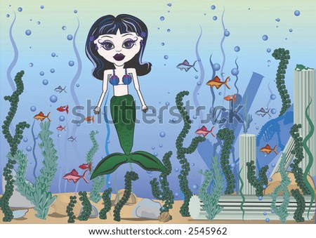 Violet is a fun character illustration of a Gothic Mermaid in an underwater graveyard.