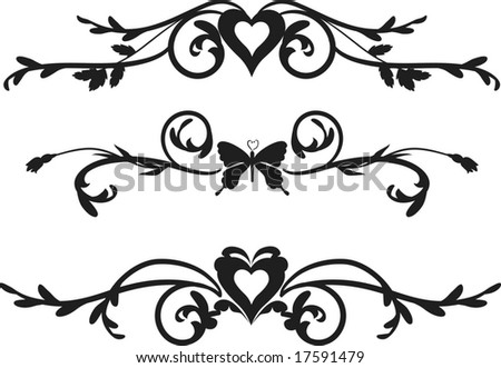 stock vector : Borders with Butterfly, hearts and leaves, one color.