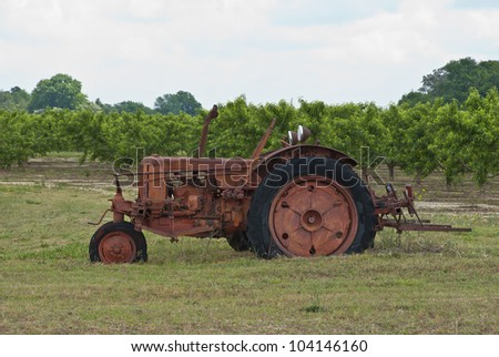 An old tractor on the edge of a peach orchard.