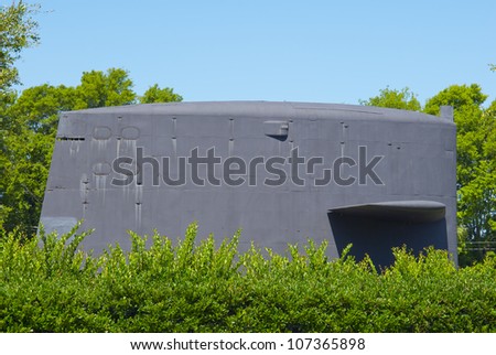 A conning tower of a nuclear submarine set as a monument to the submariners of the Cold War.