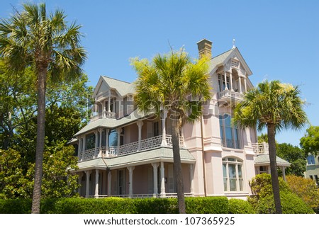 A pink  Battery Victorian era and style of house in Charleston, South Carolina.