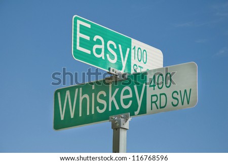 The street sign at the corner of Whiskey Road and Easy Street.