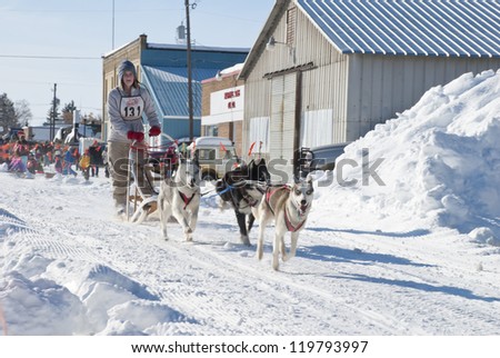 ASHTON, IDAHO - FEBRUARY 19: A musher and dog team compete in the American Dog Derby,The Oldest All-American Dog Sled Race, on February 19, 2010 in Ashton, Idaho.