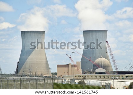 WAYNESBORO, GEORGIA - JUNE 6: Steam flows from the huge 548 foot cooling towers, that stand over the reactor at Vogtle Electric Generating Plant. June 6, 2013 near Waynesboro, Georgia.