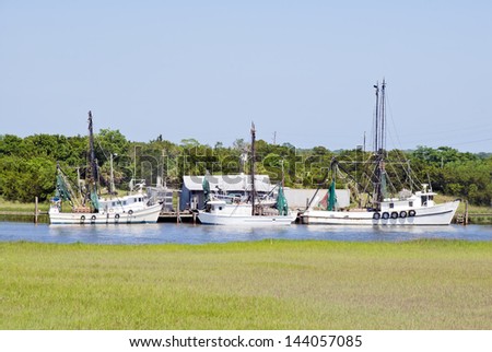 A fleet of southern fishing boats moored at their home dock on the coast.