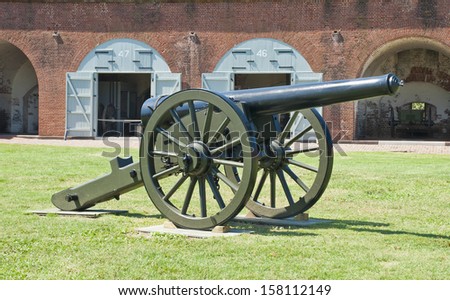 A cannon on the parade ground of Fort Pulaski National Monument in Savannah Georgia.