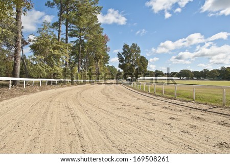 Southern pines and oaks adorn a sandy southern horse racing track and polo field.