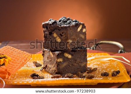 Cake with bread, cocoa, biscuits and sultanas