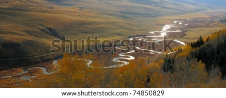 Panorama of the meanders of the East River, outside Crested Butte Colorado, in the Fall