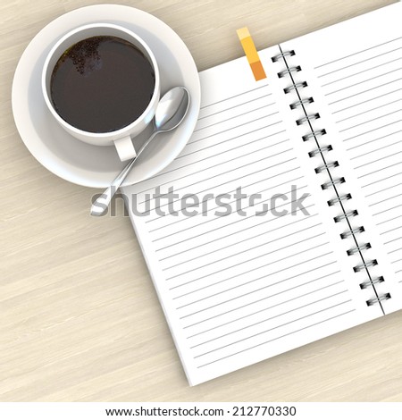 White cup of hot coffee and white sketch book on wood table