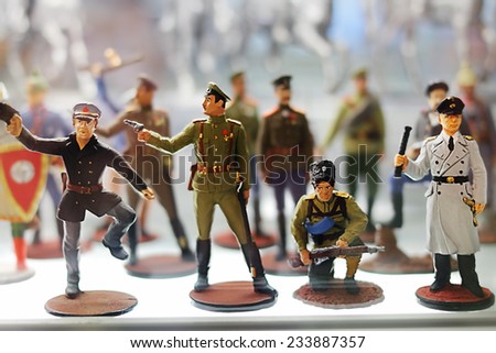 St.Petersburg, Russia, September 8 , 2014: Figurines of military characters with gun in a shop window in St. Petersburg, Russia