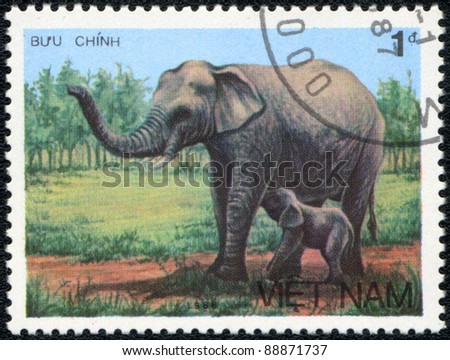 VIETNAM - CIRCA 1986: A stamp printed in VIETNAM shows  Female elephant with elephant-calf, Asian elephant series, circa 1986