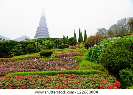 flower garden and stupa at inthanon national park in the mist, chiang mai, thailand