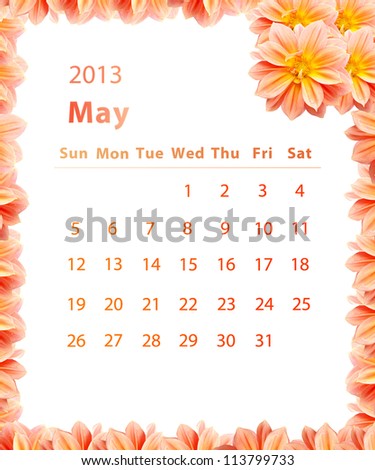 2013 year calendar ,May with Pink Flower frame design