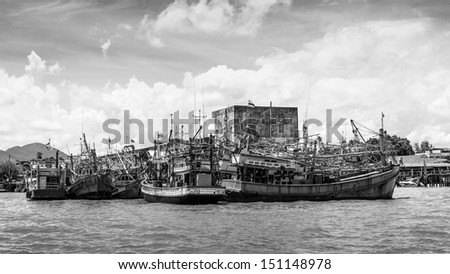Black and white of Fishing ship in Gulf of Thailand.