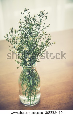 Cutter flowers in glass  on the wooden table (Vintage filter effect used)