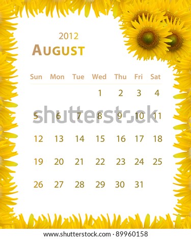 2012 year calendar ,August with Sunflower frame design
