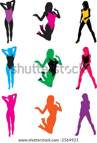 Bikini Girl Silhouette on Stock Vector   Color Silhouette Set   Girls In Bathing Suits  Vector