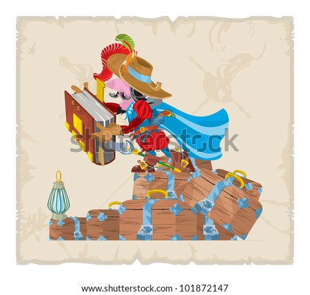 Book illustrations, 31. Musketeer with a book and chests, vector