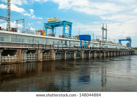 A row of spillway gates on the Kanev hydroelectric power plant, the Dnieper River, Ukraine