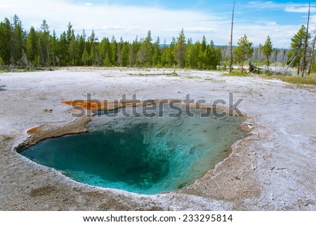Crystal clear hot water Opalescent Pool in  Yellowstone National Park