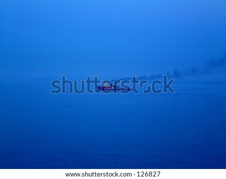 Boat ship sea night dusk smoke steam blue ocean vessel sail hull