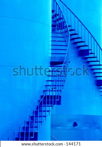stair way curved tank blue metal steps ladder climb rails