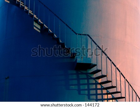 stair way curved tank blue metal steps ladder climb rails