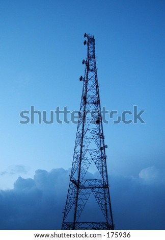 Tower radio mast high tall sky clouds dawn microwave dish radar pylon